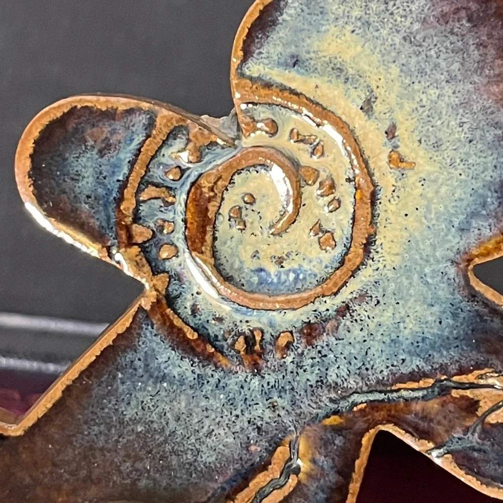 Handmade Stoneware Blue & Brown Glazed Swirl Design‎ Teddy Bear Ornament Signed